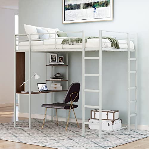 Tiiiopkvvv Doppelbett aus Metall mit 2 Ablagen und einem Schreibtisch, hohe Sicherheit, kein Boxspringbett erforderlich, durchgehende Schutzgeländer, silberfarben (Silber-Doppelbett) von Tiiiopkvvv