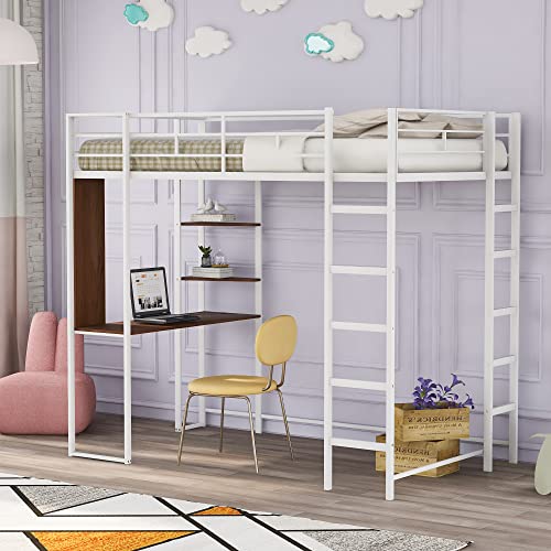 Tiiiopkvvv Doppelbett aus Metall mit 2 Ablagen und einem Schreibtisch, hohe Sicherheit, kein Boxspringbett erforderlich, durchgehende Schutzgeländer, silberfarben (weißes Doppelbett) von Tiiiopkvvv