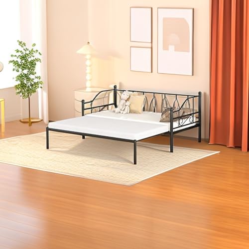 Tiiiopkvvv Doppelbett aus Metall mit Ausziehbett, elegantes Design und stabiler Stahl, Pulverbeschichtung, kein Boxspringbett erforderlich, Schwarz (Schwarz + Eisen, Doppelbettgröße) von Tiiiopkvvv