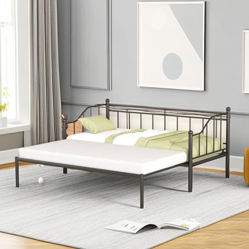 Tiiiopkvvv Doppelbett aus Metall mit Ausziehbett, elegantes Design und stabiler Stahl, Pulverbeschichtung, kein Boxspringbett erforderlich, Schwarz (Schwarz + Stahl) von Tiiiopkvvv
