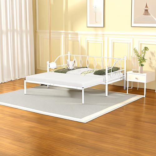 Tiiiopkvvv Doppelbett aus Metall mit Ausziehbett, elegantes Design und stabiler Stahl, Pulverbeschichtung, kein Boxspringbett erforderlich, Schwarz (Weiß + Eisen, Doppelbettgröße) von Tiiiopkvvv
