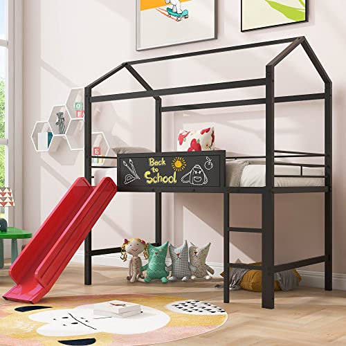 Tiiiopkvvv Doppelbett aus Metall mit Rutsche, vielseitiges Hochbett mit zweiseitig beschreibbarem Holzbrett, stabiler Stahl, ideal für Kinder, Weiß (Schwarz und Rot Twin) von Tiiiopkvvv