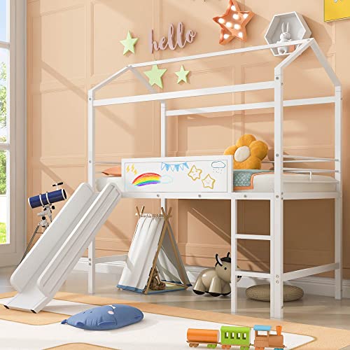 Tiiiopkvvv Doppelbett aus Metall mit Rutsche, vielseitiges Hochbett mit zweiseitig beschreibbarem Holzbrett, stabiler Stahl, ideal für Kinder, Weiß (White Twin) von Tiiiopkvvv