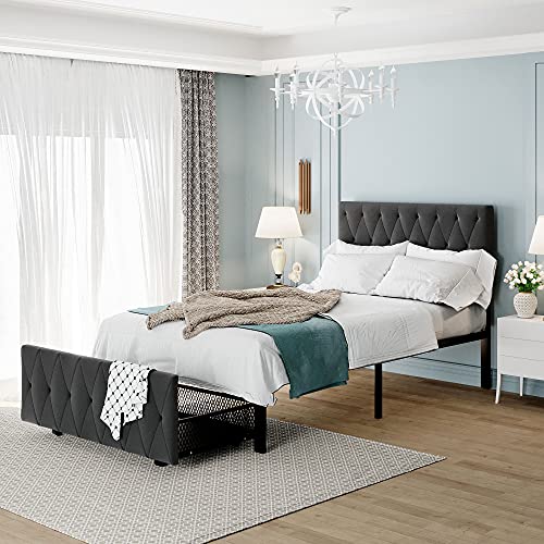 Tiiiopkvvv Doppelbett aus Metall mit gepolstertem Kopfteil und Schublade, robustes Plattformbett mit Metalllattenstütze, kein Boxspringbett erforderlich, einfache Montage (grau), rutschfest (graues von Tiiiopkvvv