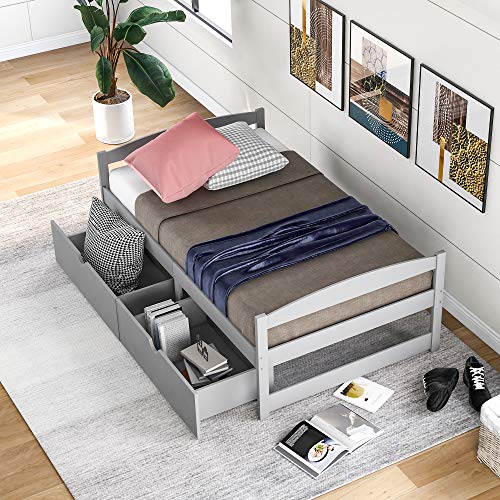 Tiiiopkvvv Doppelbett mit 2 Schubladen unter Holz, mit Kopfteil und Fußteil, kein Boxspringbett erforderlich, einfache Montage (grau), rutschfest (graues Doppelbett) von Tiiiopkvvv