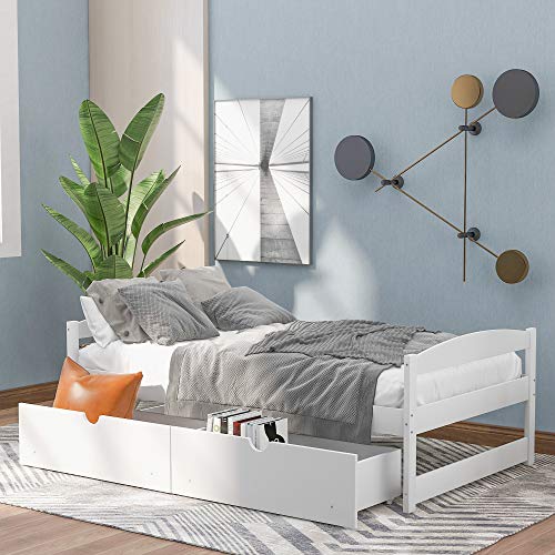 Tiiiopkvvv Doppelbett mit 2 Schubladen unter Holz, mit Kopfteil und Fußteil, kein Boxspringbett erforderlich, einfache Montage (grau), rutschfest (weißes Doppelbett) von Tiiiopkvvv