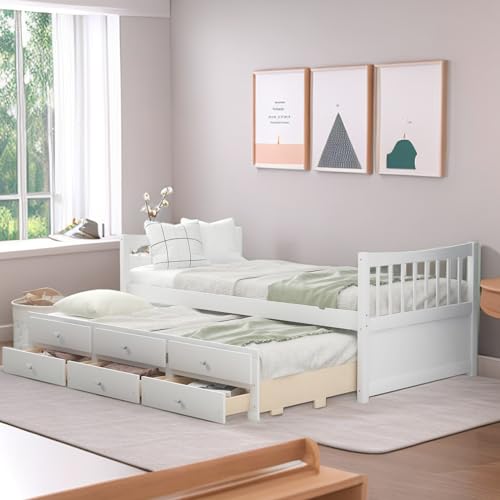 Tiiiopkvvv Doppelbett mit Ausziehbett und Schubladen, extra Schlafplatz, solide und geeignet für alle Einrichtungsstile, kein Boxspringbett erforderlich, alles in Weiß (White Twin) von Tiiiopkvvv