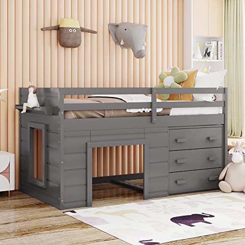 Tiiiopkvvv Doppelbett mit Schrank und Regal in Weiß, Kiefernholz, integrierte Leiter, durchgehende Schutzschiene, kein Federkasten erforderlich (graues Doppelbett) von Tiiiopkvvv