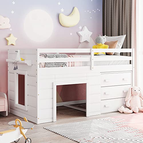 Tiiiopkvvv Doppelbett mit Schrank und Regal in Weiß, Kiefernholz, integrierte Leiter, durchgehende Schutzschiene, kein Federkasten erforderlich (weißes Doppelbett) von Tiiiopkvvv