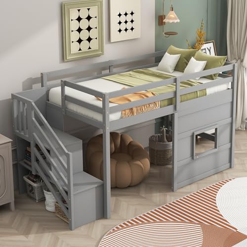 Tiiiopkvvv Doppelbett mit Stauraum, Treppe und Fenster, kombiniert Ruhe- und Unterhaltungsfunktionen, mit einer Rutsche. (Grau), rutschfest (grau) von Tiiiopkvvv