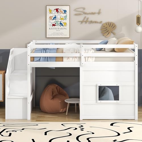 Tiiiopkvvv Doppelbett mit Stauraum, Treppe und Fenster, kombiniert Ruhe- und Unterhaltungsfunktionen, mit einer Rutsche. (Grau), rutschfest (weiß voll) von Tiiiopkvvv