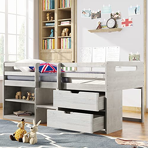 Tiiiopkvvv Doppelbett mit zwei offenen Regalen, zwei Schubladen und Kopfteil, massive Kiefernholz-Konstruktion, MDF-Material, antikweiß (Antik-Weiß) von Tiiiopkvvv