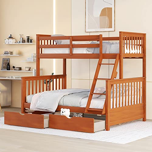 Tiiiopkvvv Doppelstockbett mit Leitern und zwei Schubladen, Struktur aus massivem Kiefernholz, keine Federbox erforderlich, Espresso (Walnuss Twin) von Tiiiopkvvv