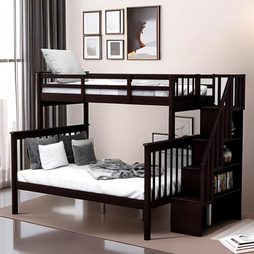 Tiiiopkvvv Espresso-Etagenbett für Doppelbett, solides Treppenbett, mit funktionalem Stauraum und Schutzschiene, Weiß, kein Boxspringbett erforderlich Tiiiopkvvv Espresso-Etagenbett für Doppelbett, solides Treppenbett, mit funktionalem Stauraum und Schutzschiene, Weiß, kein Boxspringbett erforderlich von Tiiiopkvvv