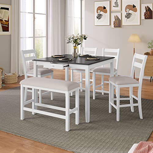 Tiiiopkvvv ?Esstisch-Set für 6 Personen, kompaktes Esszimmermöbel-Set, 1 quadratischer Tisch mit Thekenhöhe mit Schublade, 4 gepolsterten Stühlen und 1 Bank, kleiner Esstisch, Stühle, Kombo, Walnuss Tiiiopkvvv ?Esstisch-Set für 6 Personen, kompaktes Esszimmermöbel-Set, 1 quadratischer Tisch mit Thekenhöhe mit Schublade, 4 gepolsterten Stühlen und 1 Bank, kleiner Esstisch, Stühle, Kombo, Walnuss von Tiiiopkvvv