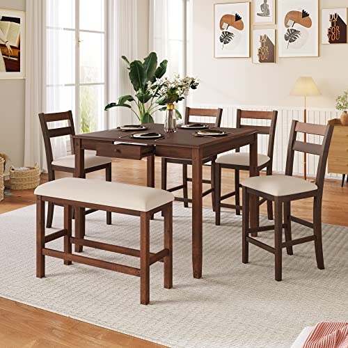 Tiiiopkvvv ?Esstisch-Set für 6 Personen, kompaktes Esszimmermöbel-Set, 1 quadratischer Tisch mit Thekenhöhe mit Schublade, 4 gepolsterten Stühlen und 1 Bank, kleiner Esstisch, Stühle Combo, Walnuss von Tiiiopkvvv