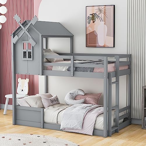 Tiiiopkvvv Etagenbett in Hausform, Doppelbett, Hochbett mit Fenster und Geländern, Baumhausbett für Jungen und Mädchen, Weiß (Grau Twin) von Tiiiopkvvv