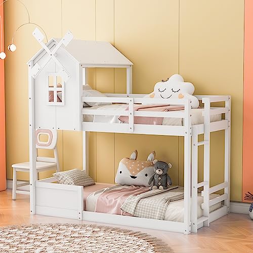 Tiiiopkvvv Etagenbett in Hausform, Doppelbett, Hochbett mit Fenster und Geländern, Baumhausbett für Jungen und Mädchen, Weiß (White Twin) von Tiiiopkvvv