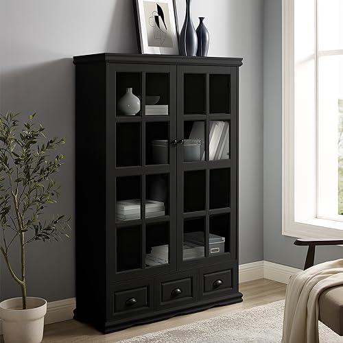 Tiiiopkvvv Farmhouse Vitrine mit Türen aus gehärtetem Glas, 117,8 cm, Curio-Schrank mit verstellbarem Regal und 3 Schubladen, Bücherregal für Wohnzimmer, Flur, Küche, Schwarz (Schwarz) von Tiiiopkvvv