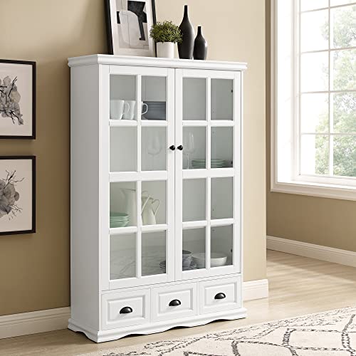 Tiiiopkvvv Farmhouse Vitrine mit Türen aus gehärtetem Glas, 117,8 cm, Curio-Schrank mit verstellbarem Regal und 3 Schubladen, Bücherregal für Wohnzimmer, Flur, Küche, Schwarz (Weiß) von Tiiiopkvvv