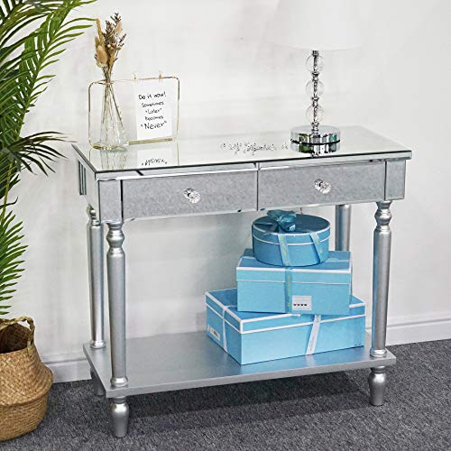 Tiiiopkvvv Funktionaler Konsolentisch, Schminktisch, Spiegeltisch, unteres Regal und zwei Schubladen mit kristallähnlichen Knöpfen, speziell entworfene runde Beine, 81 x 34,8 x 70 cm (B x T x H von Tiiiopkvvv