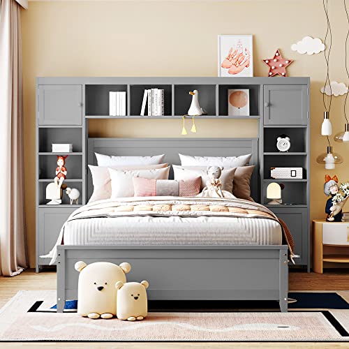 Tiiiopkvvv Funktionales Holzbett in voller Größe mit Kopfteil, All-in-One-Schrank, Regal und vier Schubladen, solide Struktur und Lamellensystem, 193 cm L x 222,5 cm B x 159 cm H, Grau (Grau voll) von Tiiiopkvvv