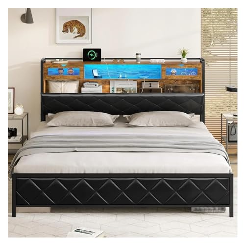 Tiiiopkvvv Gepolstertes Plattformbett, LED, Metall, mit Stauraum, Kopfteil aus PU-Leder, Schlafzimmer, Doppelbett, für Erwachsene und Jugendliche, rutschfest (einfarbiges King-Size) von Tiiiopkvvv