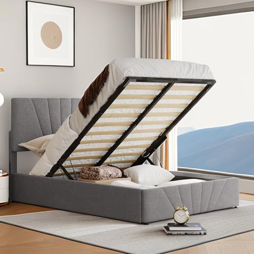 Tiiiopkvvv Gepolstertes Plattformbett in voller Größe mit hydraulischem Aufbewahrungssystem, Kiefernholz, kein Boxspringbett erforderlich, Beige (Grau Full) von Tiiiopkvvv