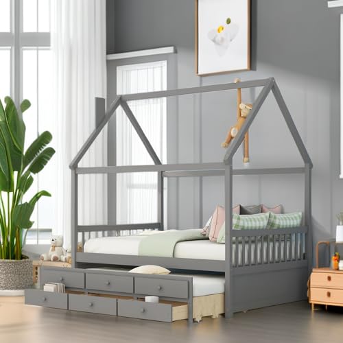 Tiiiopkvvv Hausbett aus Holz in voller Größe mit praktischem ausziehbarem Ausziehbett und 3 Schubladen, maximierter Platz und elegantes Design, kein Boxspringbett erforderlich, solide Konstruktion Tiiiopkvvv Hausbett aus Holz in voller Größe mit praktischem ausziehbarem Ausziehbett und 3 Schubladen, maximierter Platz und elegantes Design, kein Boxspringbett erforderlich, solide Konstruktion von Tiiiopkvvv
