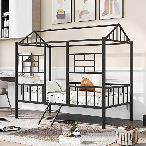 Tiiiopkvvv Hausbett aus Metall, volle Größe, mit Lattenstütze, kein Boxspringbett erforderlich, Weiß (Black Twin) von Tiiiopkvvv