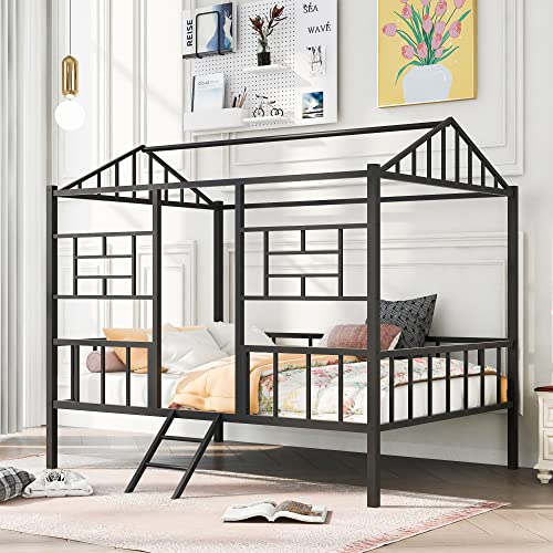 Tiiiopkvvv Hausbett aus Metall, volle Größe, mit Lattenstütze, kein Boxspringbett erforderlich, Weiß (schwarz voll) von Tiiiopkvvv