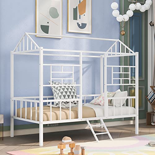 Tiiiopkvvv Hausbett aus Metall, volle Größe, mit Lattenstütze, kein Boxspringbett erforderlich, Weiß (weißes Doppelbett) von Tiiiopkvvv