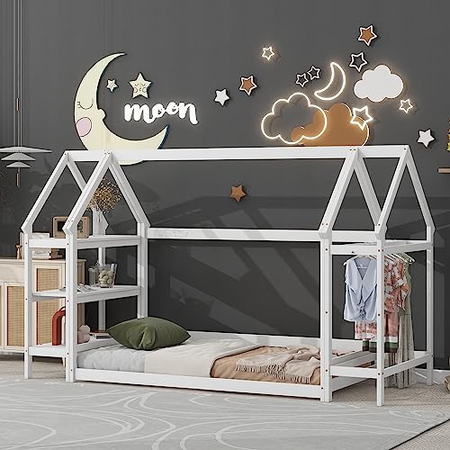 Tiiiopkvvv Hausförmiges Bodenbett in Doppelgröße, mit 2 abnehmbaren Ständern, stilvolles funktionales Holzbett mit 3-stöckigem Bücherregal, kein Boxspringbett erforderlich, 275,8 cm L x 113,8 cm B x von Tiiiopkvvv