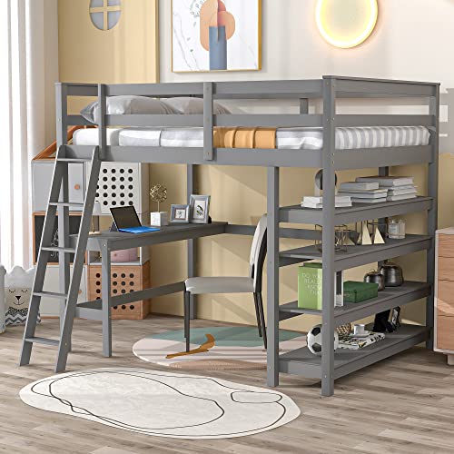 Tiiiopkvvv Hochbett aus Holz in voller Größe mit integrierter Leiter, Schreibtisch und 4-stöckigem Regal, Unterbett und durchgehenden Schutzschienen auf der Oberseite, kein Boxspringbett erforderlich Tiiiopkvvv Hochbett aus Holz in voller Größe mit integrierter Leiter, Schreibtisch und 4-stöckigem Regal, Unterbett und durchgehenden Schutzschienen auf der Oberseite, kein Boxspringbett erforderlich von Tiiiopkvvv