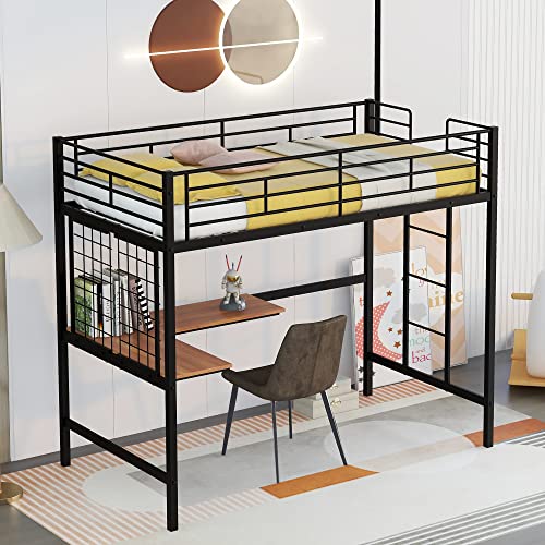 Tiiiopkvvv Hochbett aus Metall mit Deak für Kinder, Hochmetall-Hochbett mit Metallgitterwand, für Kinder, Teenager, Studenten, Erwachsene, Schwarz (Black Twin) von Tiiiopkvvv