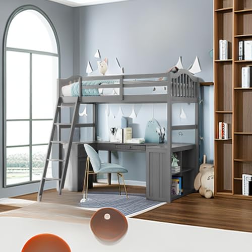 Tiiiopkvvv Hochbett für Doppelbetten mit Schubladen, Schrank, Regalen und Schreibtisch, Holzhochbett mit Schreibtisch, Grau (graues Doppelbett) von Tiiiopkvvv