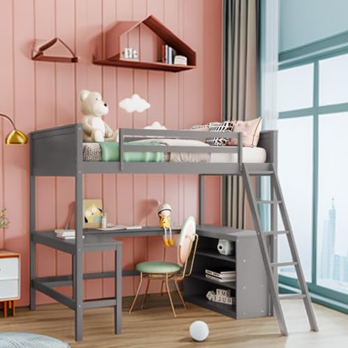 Tiiiopkvvv Hochbett in voller Größe mit Regalen und Schreibtisch, stabiles Kiefernholz und MDF, vielseitiges platzsparendes Design, Grau (Grau Full) von Tiiiopkvvv