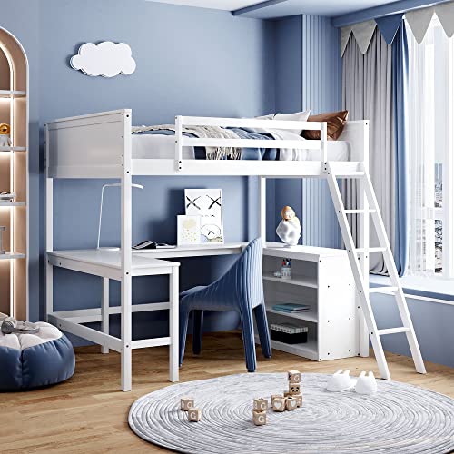 Tiiiopkvvv Hochbett in voller Größe mit Regalen und Schreibtisch, stabiles Kiefernholz und MDF, vielseitiges platzsparendes Design, Grau (Weiß voll) von Tiiiopkvvv