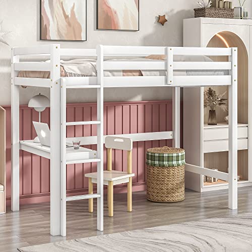 Tiiiopkvvv Hochbett mit Schreibtisch, Doppelbett, Hochbett aus Holz mit geräumigem Platz, Unterbett für kleines Zimmer oder Schlafsaal (weiß) (Weiß Twin) von Tiiiopkvvv