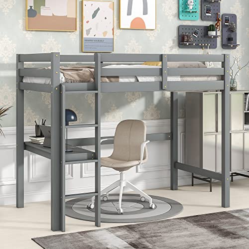 Tiiiopkvvv Hochbett mit Schreibtisch, Doppelbett, Hochbett aus Holz mit geräumigem Platz unter dem Bett für kleines Zimmer oder Schlafsaal (weiß) (grauer Twin) von Tiiiopkvvv