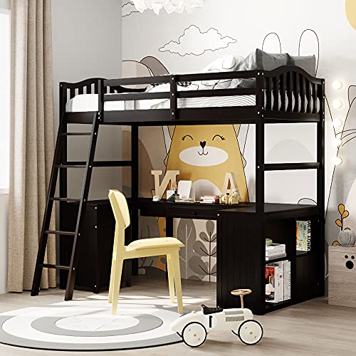 Tiiiopkvvv Hochbett mit Schubladen, Schrank, Regalen und Schreibtisch, Hochbett aus Holz mit Schreibtisch, Grau (Espresso Twin) von Tiiiopkvvv