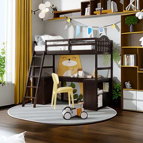 Tiiiopkvvv Hochbett mit Schubladen, Schrank, Regalen und Schreibtisch, Hochbett aus Holz mit Schreibtisch, Grau (Espresso Twin) von Tiiiopkvvv
