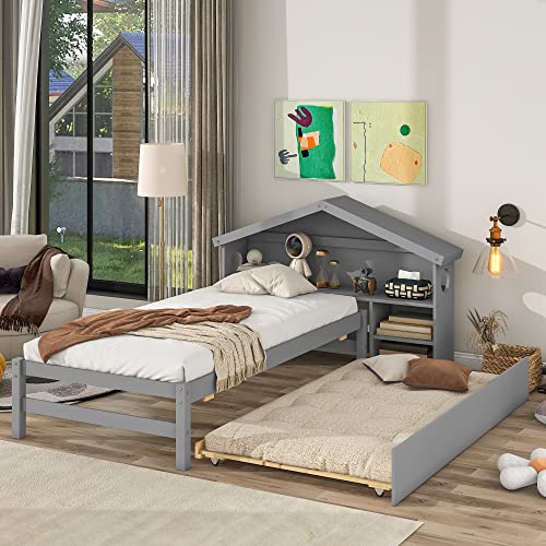 Tiiiopkvvv Kinderbett mit Stauraum, Doppelbett, Plattformbett mit Ausziehbett und Bücherregal, Hausbett e mit Bücherregal für Kleinkinder, Jungen, Mädchen, Weiß (Grey Twin) von Tiiiopkvvv
