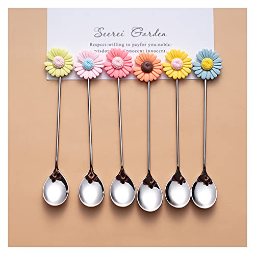 Tiiiopkvvv Löffel-Dessertlöffel-Set, 6 Stück, 13 cm Teelöffel, kreativer Griff, hochwertiger Edelstahl in Lebensmittelqualität, Western-Dessert-Joghurtlöffel, Suppenlöffel (Farbe: F) (L) von Tiiiopkvvv