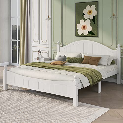 Tiiiopkvvv Massivholz-Plattformbett, traditioneller prägnanter Stil, Kopfteil und Fußteil mit vertikalen Streifen, keine Notwendigkeit für Boxspringbett, 214,9 x 200,7 x 110 cm (L x B x H), Weiß (King von Tiiiopkvvv