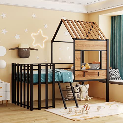 Tiiiopkvvv Metall-Doppelbett mit Dach, Fenster, Leiter, Leiter, Silber, stabile Verarbeitung, kein Boxspringbett erforderlich, hohe Sicherheitsstandards (schwarzer Twin) von Tiiiopkvvv