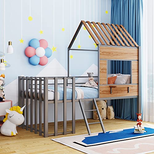 Tiiiopkvvv Metall-Doppelbett mit Dach, Fenster, Leiter, Leiter, Silber, stabiles Design, kein Boxspringbett erforderlich, hohe Sicherheitsstandards (Silver Twin) von Tiiiopkvvv
