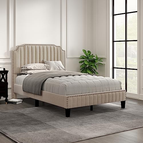 Tiiiopkvvv Moderne Leinen-gepolsterte Plattform, Massivholz, bequemes Schaumstoff-Kopfteil mit Nagelkopfbesatz, kein Boxspringbett erforderlich, 215,9 cm L x 206 cm B x 115,8 cm H, Grün (Full Size Tiiiopkvvv Moderne Leinen-gepolsterte Plattform, Massivholz, bequemes Schaumstoff-Kopfteil mit Nagelkopfbesatz, kein Boxspringbett erforderlich, 215,9 cm L x 206 cm B x 115,8 cm H, Grün (Full Size von Tiiiopkvvv