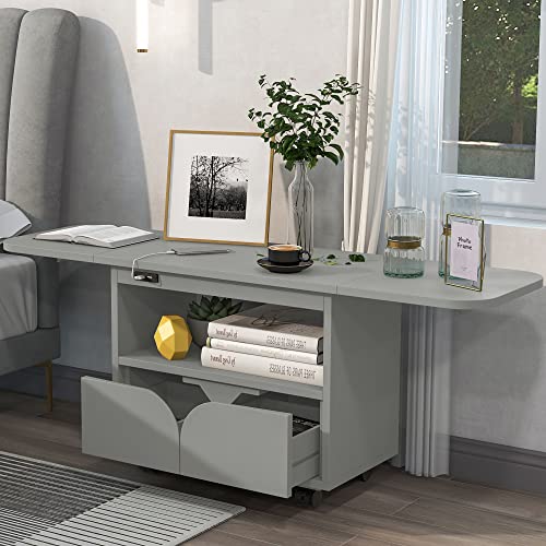 Tiiiopkvvv Moderner Nachttisch mit USB-Anschluss, Nachttisch aus Holz mit Rollen und offenem Regal, rollbarer Beistelltisch mit Schubladen und faltbarer Tischplatte, für Wohnzimmer, Schlafzimmer (Grau Tiiiopkvvv Moderner Nachttisch mit USB-Anschluss, Nachttisch aus Holz mit Rollen und offenem Regal, rollbarer Beistelltisch mit Schubladen und faltbarer Tischplatte, für Wohnzimmer, Schlafzimmer (Grau von Tiiiopkvvv