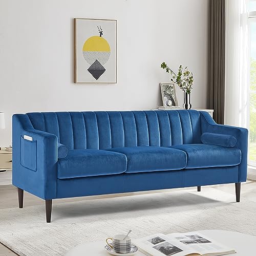 Tiiiopkvvv Modernes 3-Sitzer-Sofa, bequemes Polstersofa, Samtstoff & Holz, solide Holzbeine, geeignet für Wohnzimmer/Schlafzimmer/Büro, 196 cm B x 71 cm T x 79 cm H, Blau (Blau) von Tiiiopkvvv